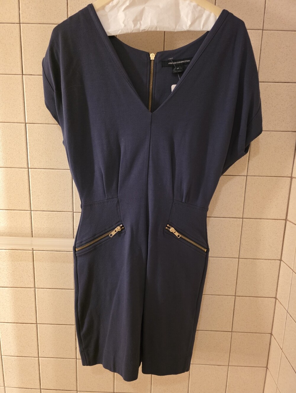 FRENCH CINNECTION Women's Navy V-Neck Short Sleeve Jumpsuit with Gold Zippers